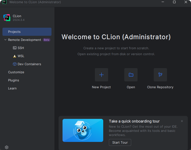 CLion welcome menu