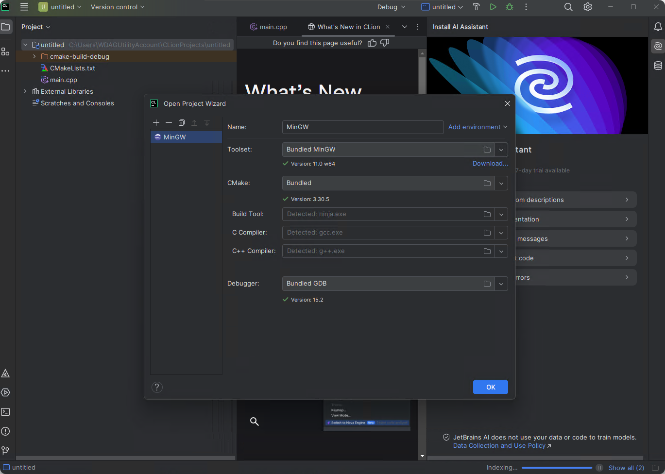 CLion project wizard