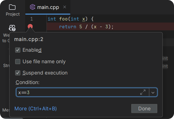 Setting up a conditional breakpoint in CLion