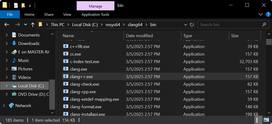 An Explorer window showing where Clang++ is located