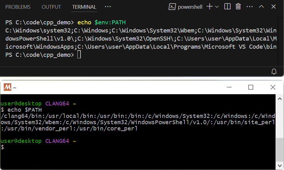 PATH printed in both MSYS2 Bash and PowerShell