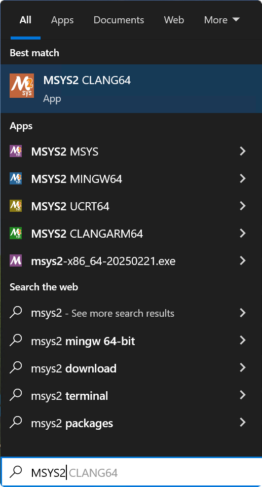 MSYS2 environments in the Windows Start menu