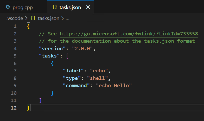 The default tasks.json file in VS Code