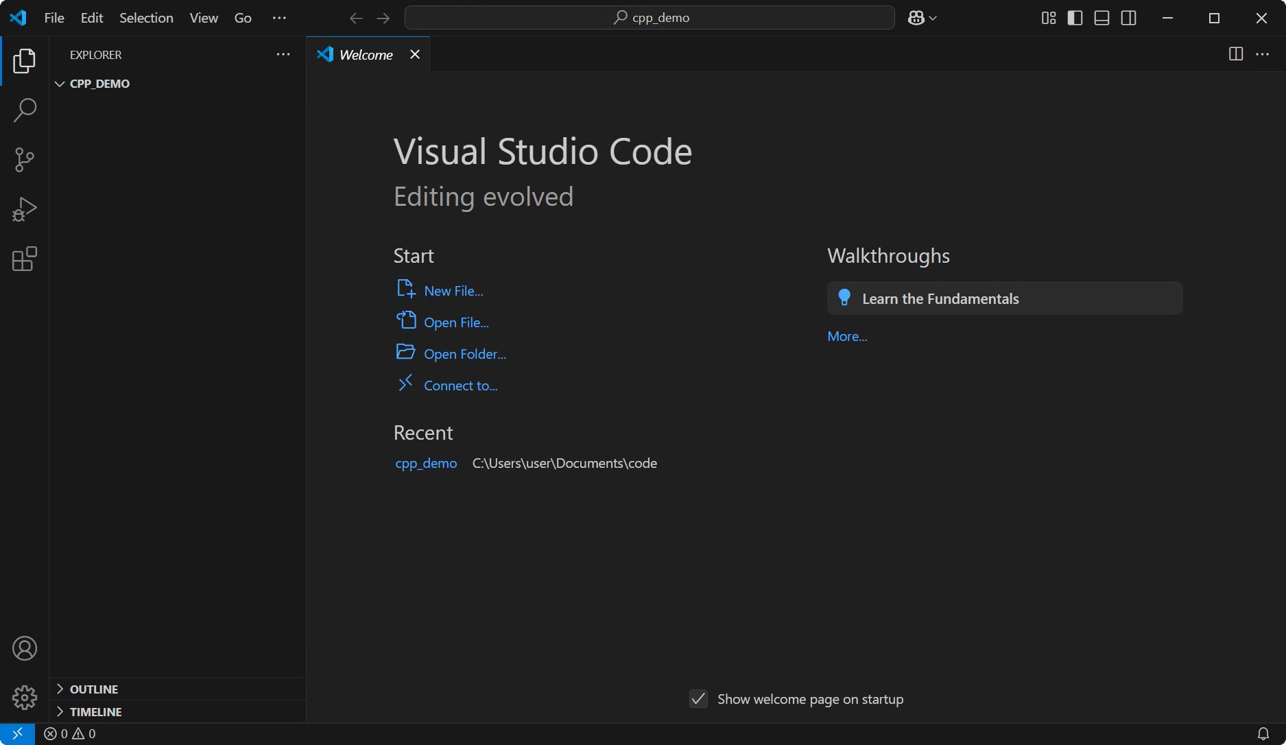 Empty workspace in VS Code