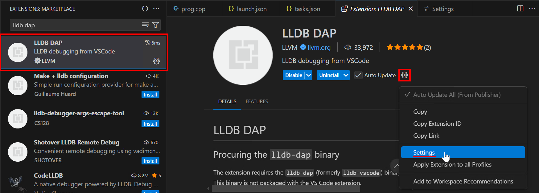 Opening LLDB DAP's settings in VS Code
