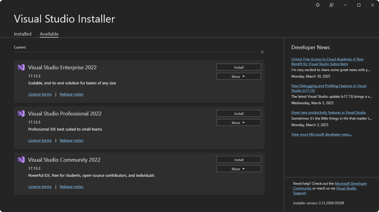 Visual Studio Installer - Home