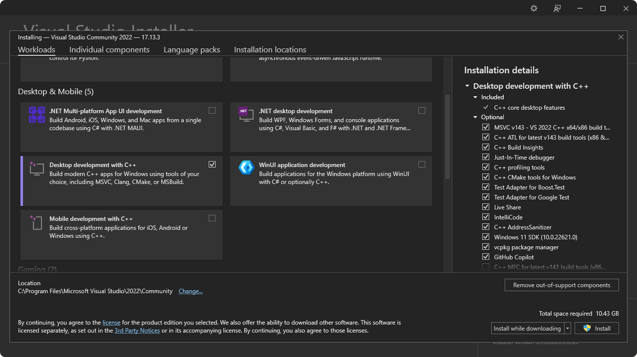 Visual Studio Installer - Select Workload
